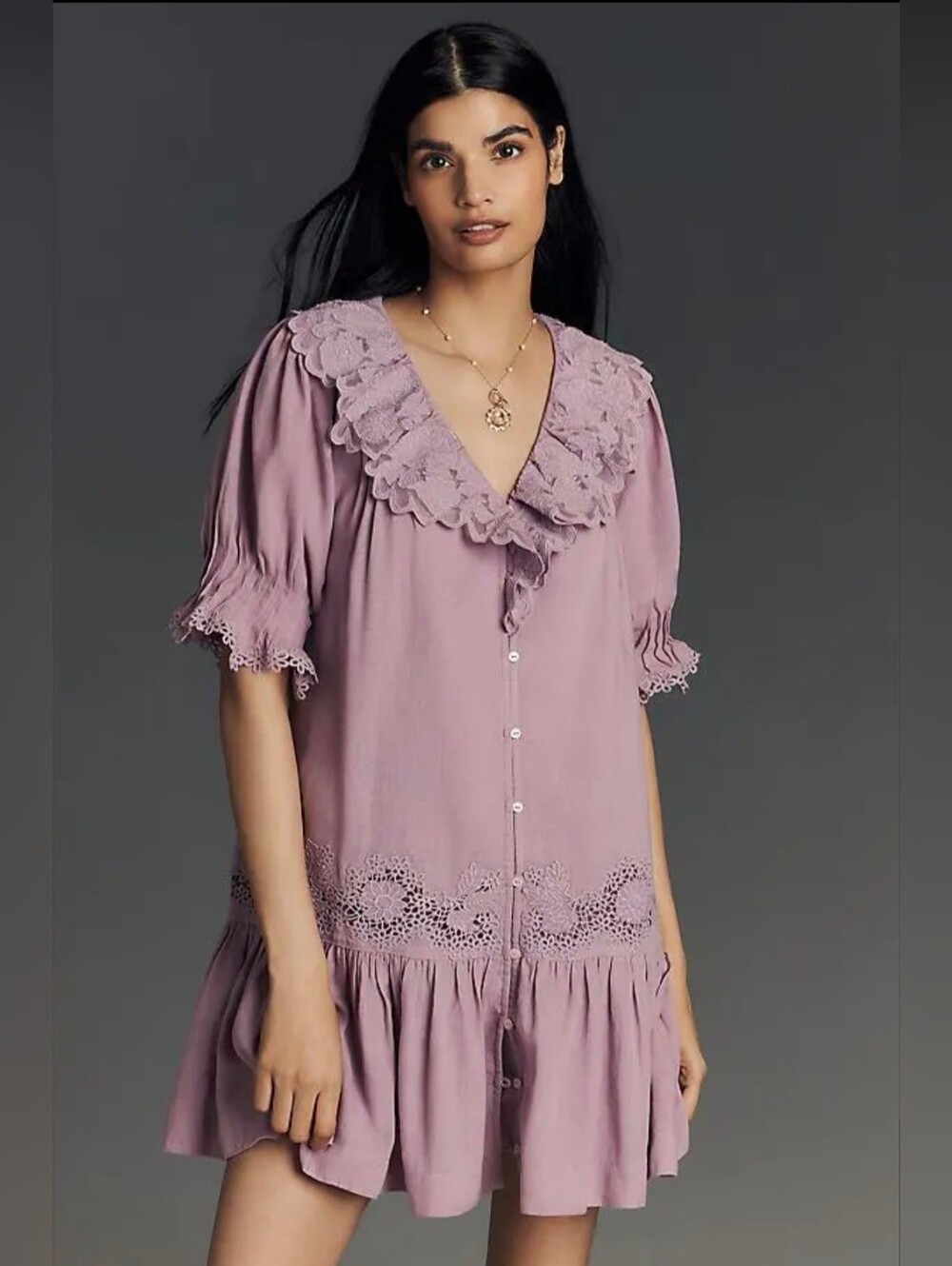 Anthropologie Purple Linen Blend Ruffle Tunic Dress MP Cottagecore Bobo Chic